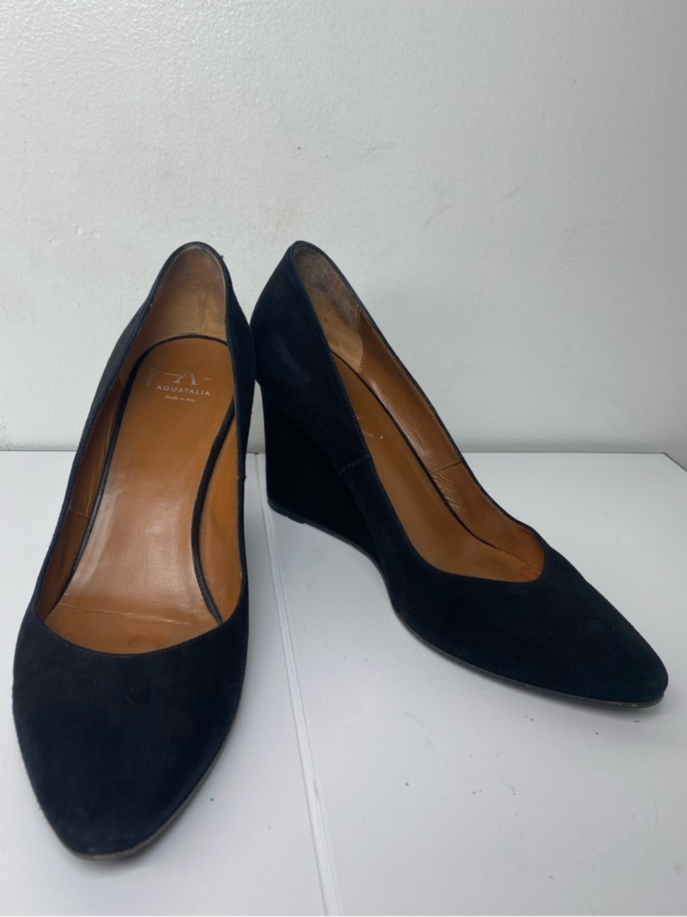 Aquatalia Luxury Black Suede Wedge Pumps with Pointed Toe